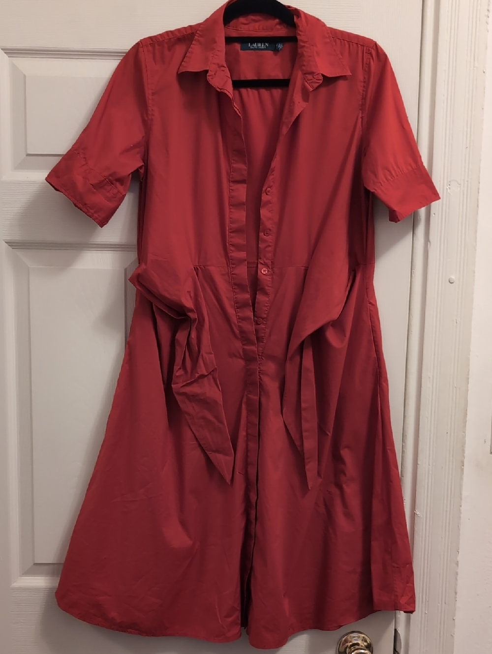 Lauren Ralph Lauren Red Midi Button-Front Shirt Dress Cotton Blend